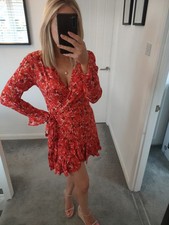 Red Gold Yellow Black Blue Wrap Summer Long Sleeve Holiday Dress V-neck Size 6 8