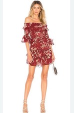 Misa Los Angeles Rima Maroon Floral Off Shoulder Gorgeous Ruffle Dress Sz S