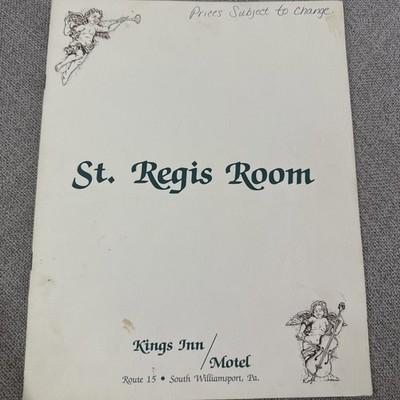 St Regis Room Menu Kings Inn Motel South Williamsport PA Vintage 1984