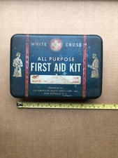 Vintage White Cross All Purpose First Aid Kit Hinged Tin Auto Home Camp 1940’s
