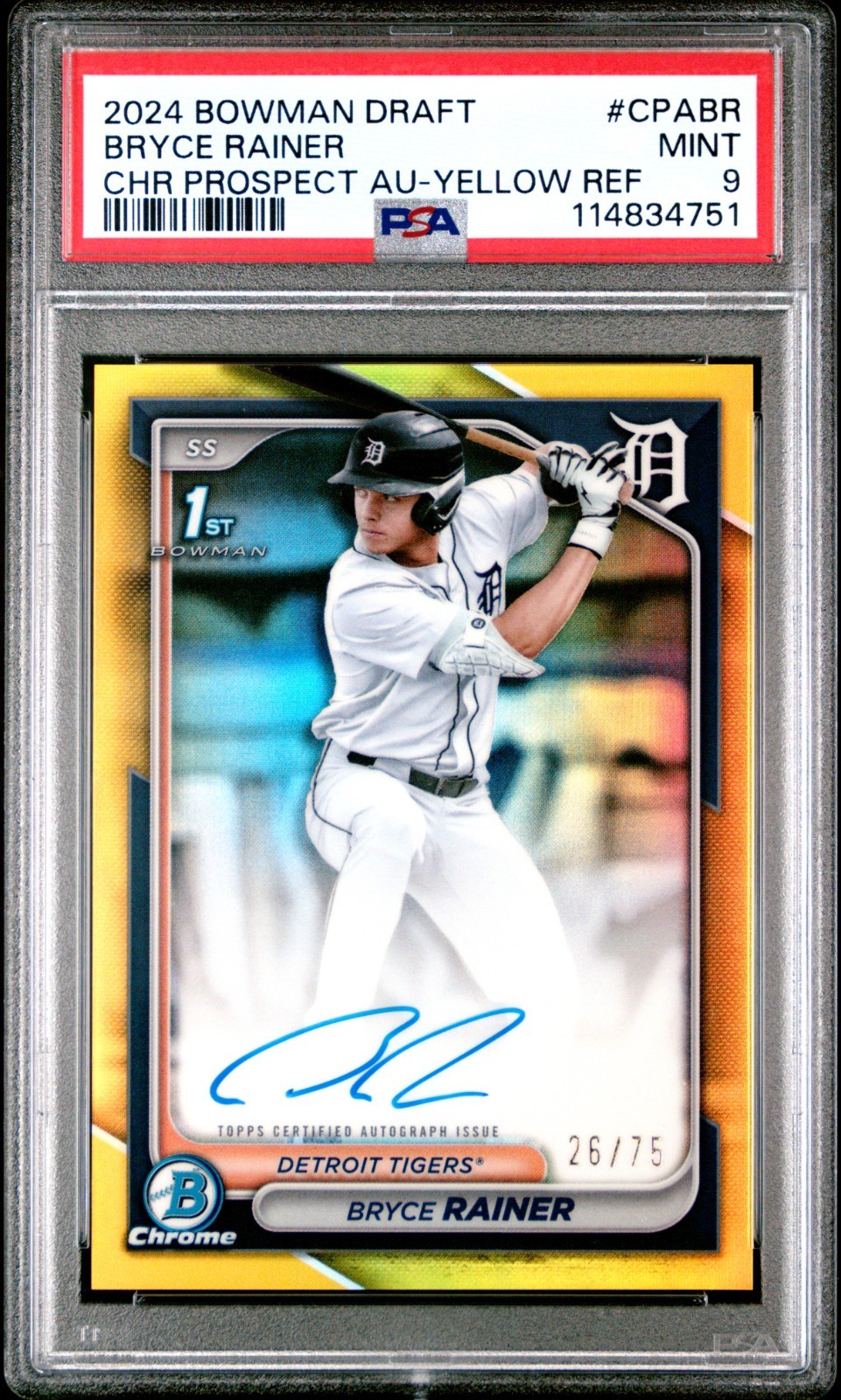 2024 Bowman Draft Bryce Rainer 1st Chrome Auto Yellow Refractor /75 PSA 9 Tigers