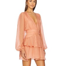 MINKPINK Tiered Ruffle Chiffon Mini Dress Terracotta SMALL Plunging $149 NEW