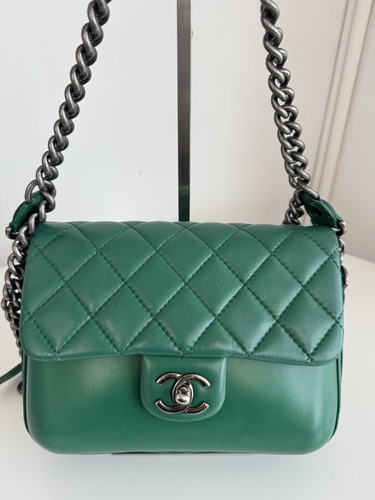 Chanel Classic Flap Lambskin Chain Shoulder Crossbody Bag Green Silver