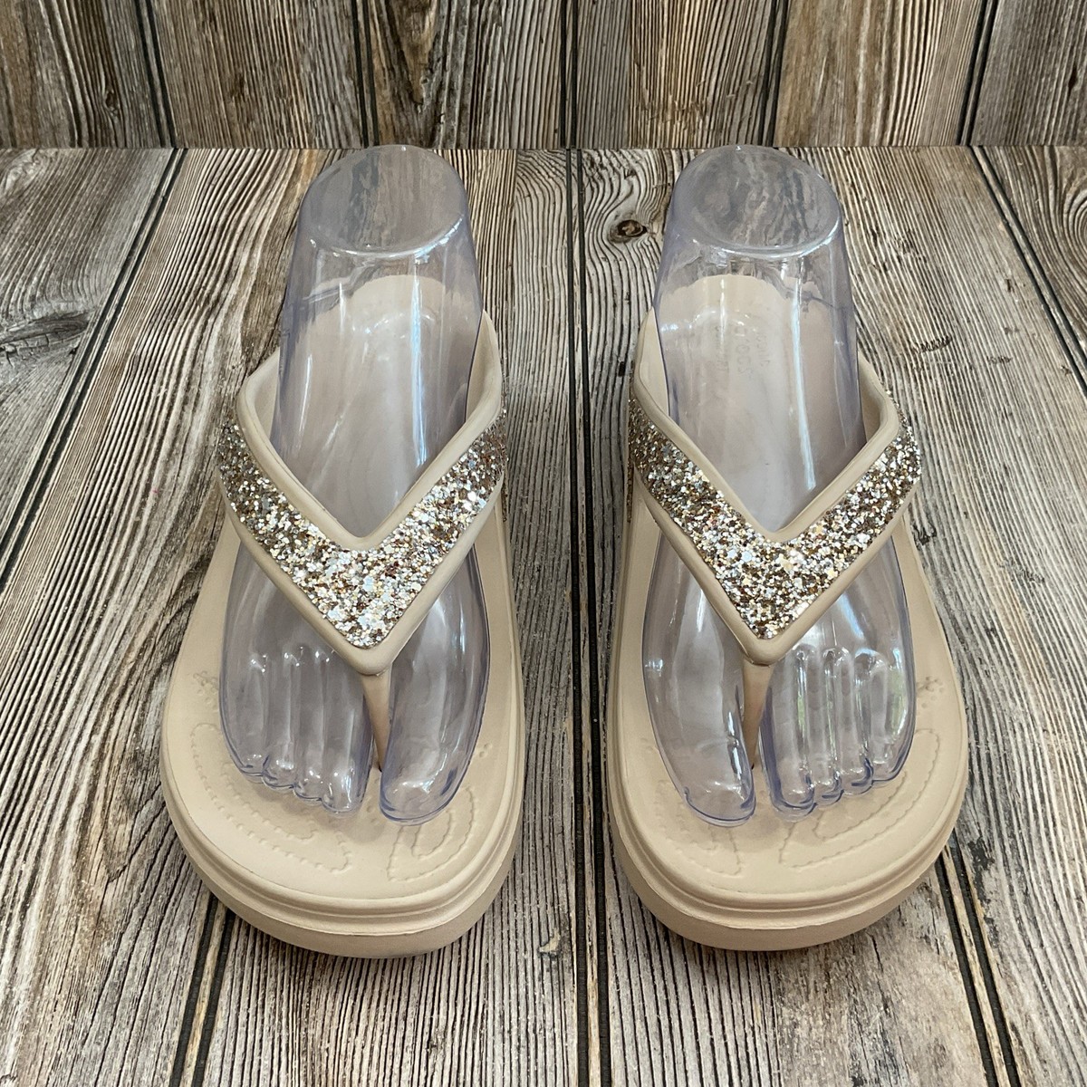 Crocs Womens Sloane Glitter Wedge Flip Flop Brown Sandals