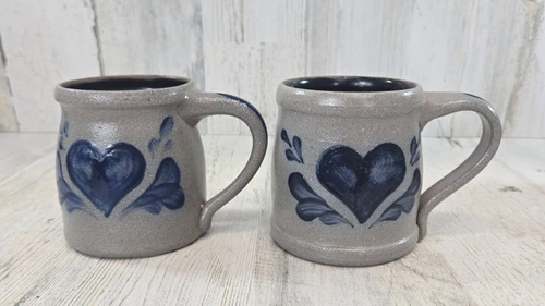 Rowe Pottery Salt Glaze Mugs Heart Design Vintage 1998 1999 (B)