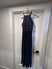 STUNNING NIGHTWAY NAVY FULL-LENGTH HALTER SEQUIN LACE GOWN, SIZE 10