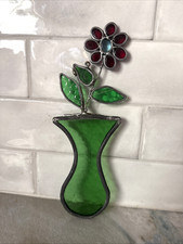 Vintage Tiffany Style Stained Glass Flower in Vase Lead Sun Catcher Window