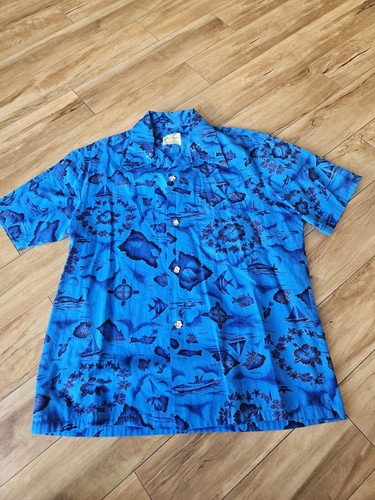 Men's VTG 60s Blue Ui-Maikai Hawaiian Island Print Shirt Sz L 1960s Ui Maikai