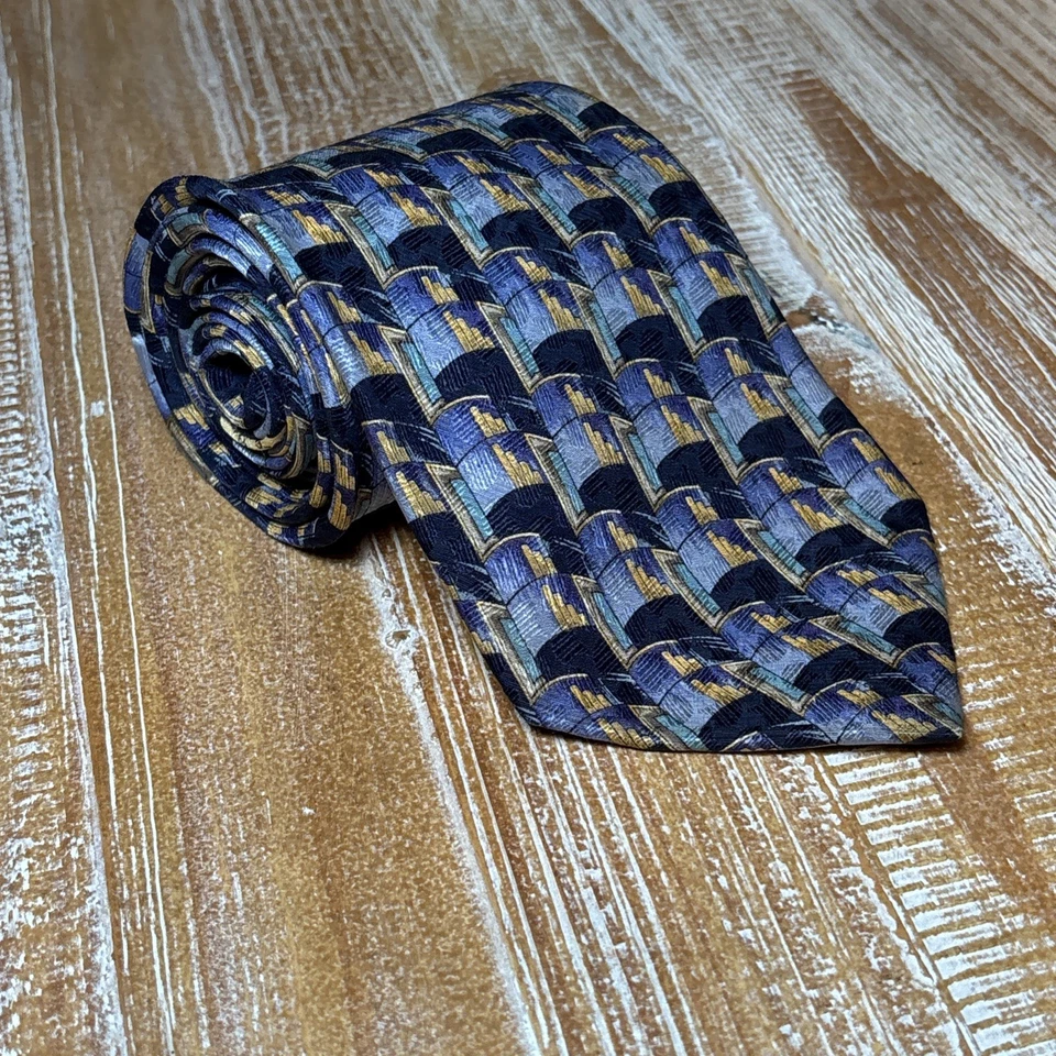 ERMENEGILDO ZEGNA Men's 100% Silk Necktie ITALY Luxury Geometric Blue/Gold 40” - Image 3 of 4