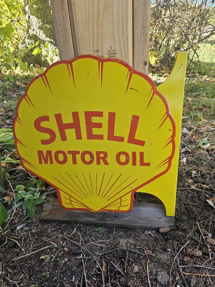 GRAN LETRERO DE BRIDA DE PORCELANA DE DOBLE CARA GASOLINA CONCHA AMARILLA VINTAGE 17"  Foto 4 de 4