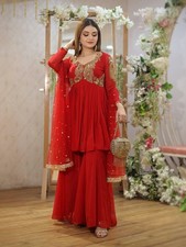 Aesthetic Look Heavy Georgette Red Top Palazzo With Dupatta For Women Party Wear