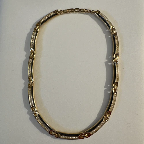 Collier de barre Christian Dior ton or strass transparent émail noir, 16"