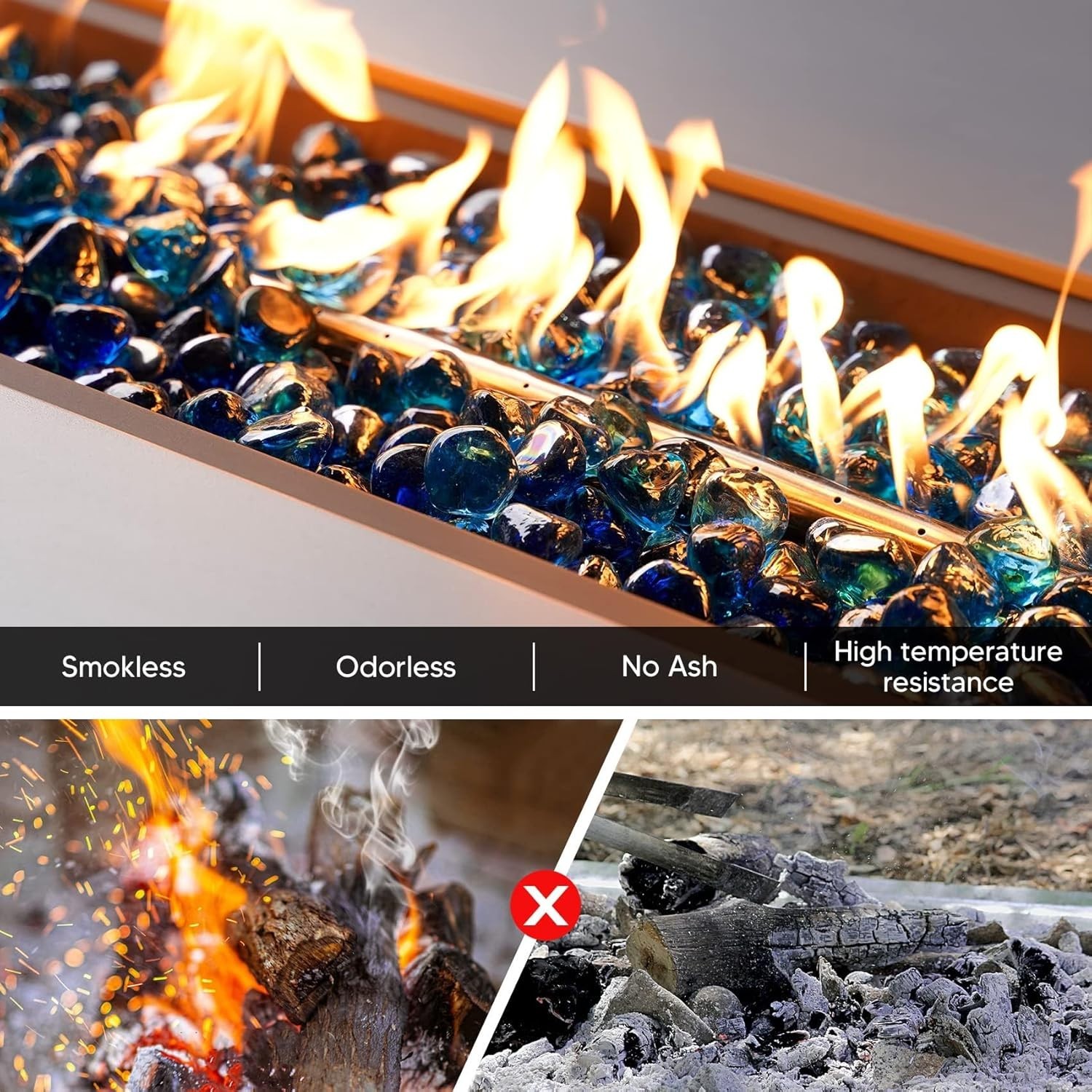 Gorgeous Cobalt Blue Reflective Fire Glass Rocks, 20 lbs - 1 Inch for Fire Pits