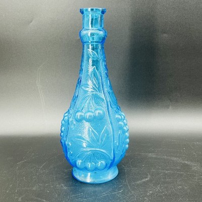 Empoli Italy Blue Genie Bottle Decanter Glass Fruit Grapes & Cherries No Stopper