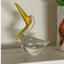 Vintage Murano Style Hand Blown Glass Bird Pelican Yellow Figurine - Stunning