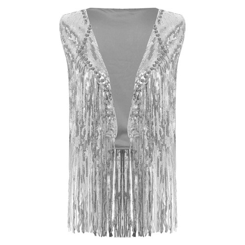 Women Vest Lapel Waistcoat Sparkly Shrug Tassel Cardigan Open Front Top Disco - Picture 11 of 41