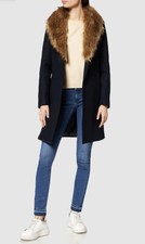 Naf Naf Womens Wool Blend Detachable Fur Hood Jacket Navy Blue Size 10 Brand New