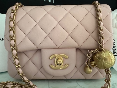 New 23K CHANEL Pale Pink Classic Mini Sq Flap Bag PEARL CRUSH Gold Chain RECEIPT