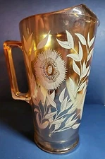 Vintage Jeanette Iridescent Marigold Carnival Glass Pitcher 1950's Floral...