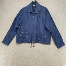 Chicos Jacket Womens 2 / Large 100 Linen Blue Roll Tab Sleeves Chambray