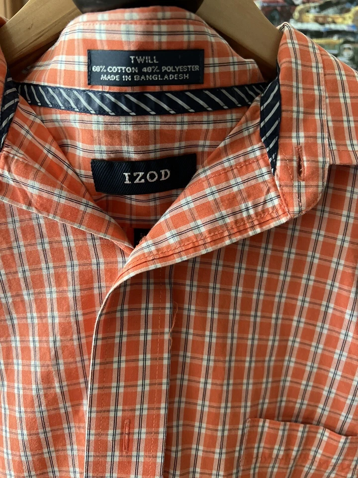 Camisa de vestir Izod de sarga para hombre naranja azul a cuadros calce ajustado bolsillo 16,5 34/35 Foto 2 de 2