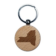New York State Silhouette Engraved Wood Round Keychain Tag Charm