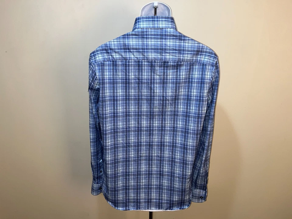 BUGATCHI Men's blue and white plaid 8-Way Stretch long sleeve shirt Medium M EUC - Image 2 of 4