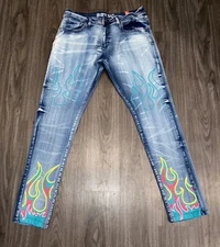 BLACK PIKE 34x32 Painted Graffiti Flames Tapered Skinny Jeans Mens