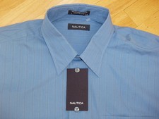 Nautica Dress Casual Shirt L 16 32-33 Blue Striped Pocket Classic Fit NWT