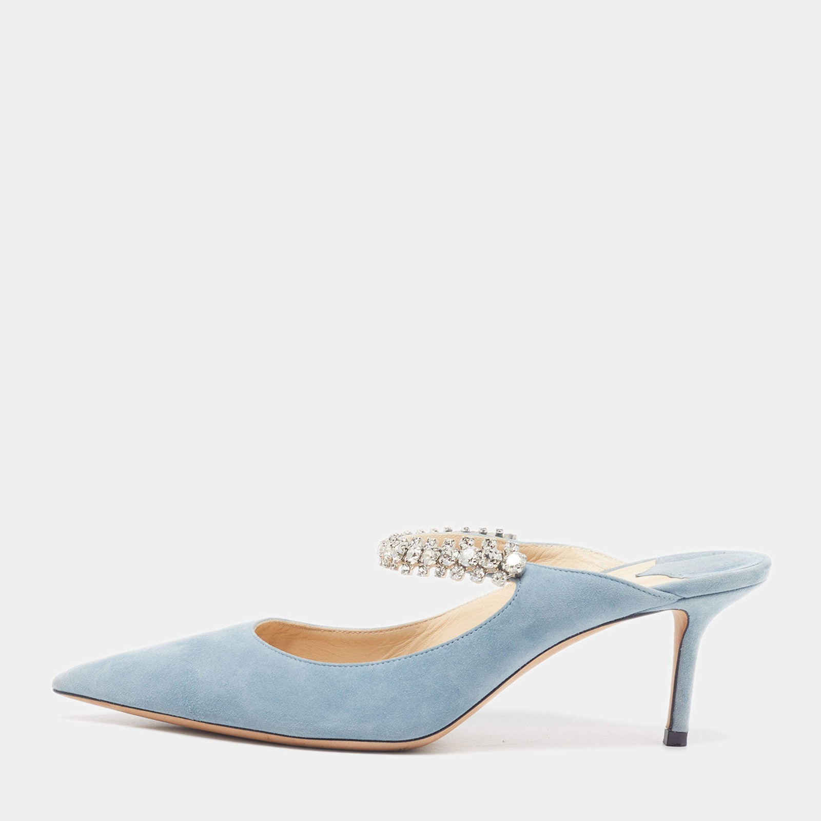 Jimmy Choo Bing Size 38.5 Light Blue Suede Crystal Embellished Mules