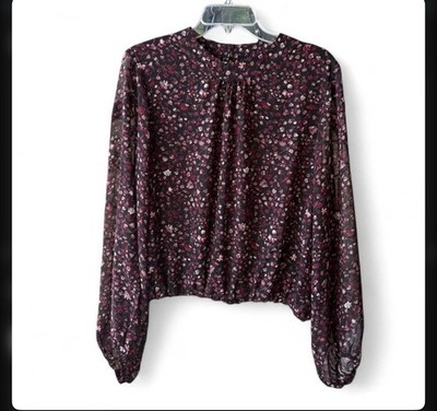 Rachel Rachel Roy Floral Mock Neck Crop Blouse Chiffon Balloon Sleeve NWT XL