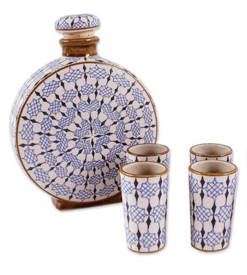 Hand-Painted Tequila Azteca Mexico Decanter Set - 5-Piece Artisan Pottery Birds