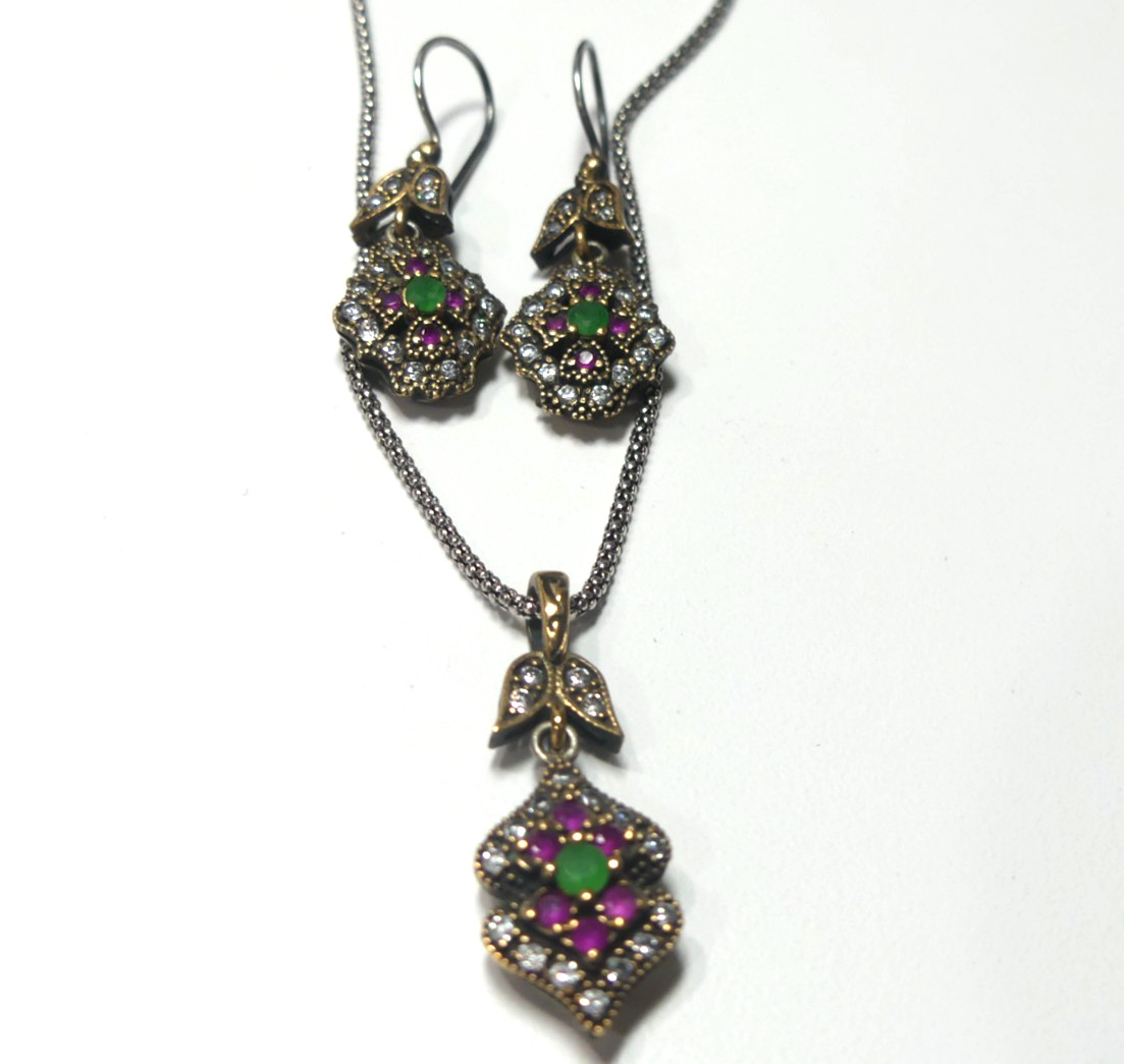 Rough Cut Emerald/ Ruby 925 Silver Necklace Earri… - image 2