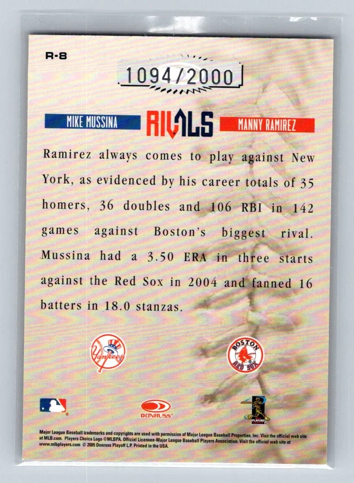 2005 Donruss Leather & Lumber #R-8 Mike Mussina / Manny Ramirez Rivals #/2000 - Image 2 of 2