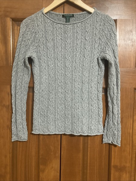 Lauren Ralph Lauren Womens Sz Medium M Gray Cable Knit Cotton Pullover Sweater