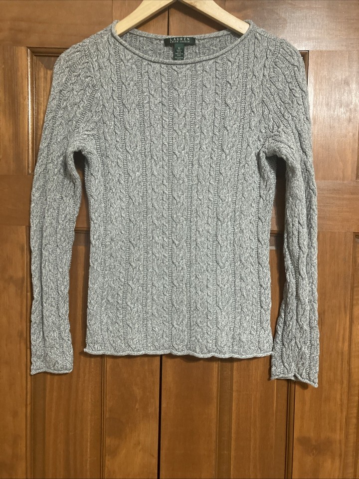 Lauren Ralph Lauren Womens Sz Medium M Gray Cable Knit Cotton Pullover Sweater