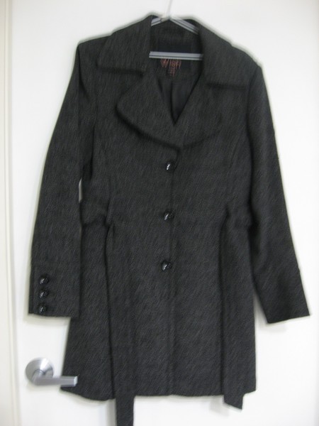 WISH CHARCOAL FLECKED BUTTON UP WOOL BLEND COAT WITH BELT+POCKETS SIZE 12