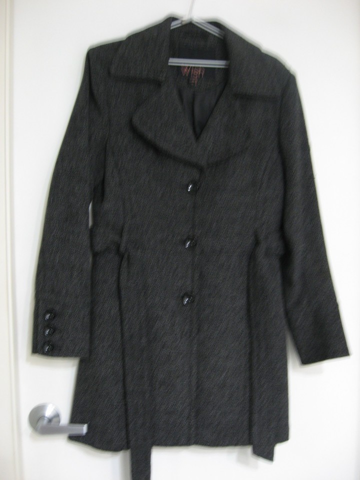 WISH CHARCOAL FLECKED BUTTON UP WOOL BLEND COAT WITH BELT+POCKETS SIZE 12