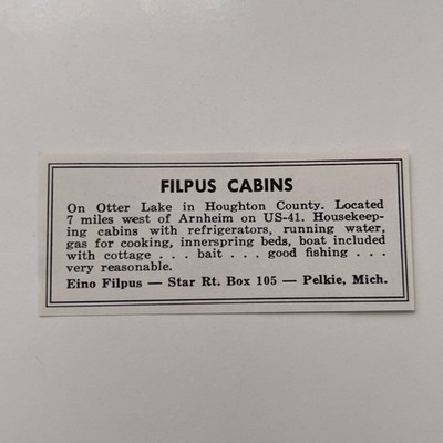 Filpus Cabins Eino Filpus Pelkie 1958 MI Ad TAK3-S15