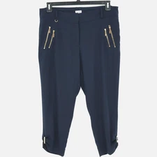 Cache Pants Womens 12 Navy Blue Capri Zipper Details Ruched Cuff Ankle Crop Vtg