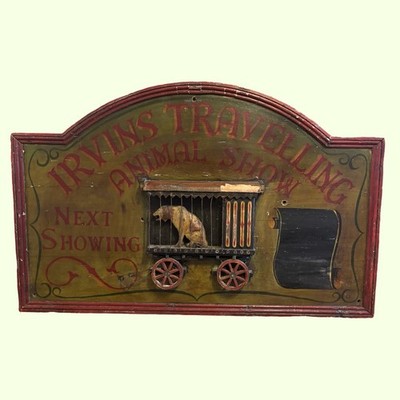 Seltenes original antikes 3D Jahrmarkt Seitenschau Schild Irvins Reisen Tierschau