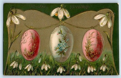 c1910's Easter Greetings Painted Eggs White Flowers Embossed Antique Postcard