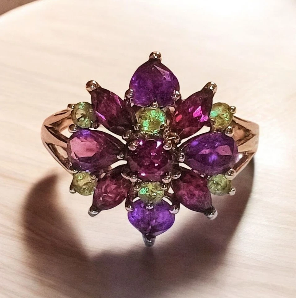 Anel peridoto granada ametista ouro 10k • Anel de coquetel cluster • Tamanho 9 natural - Imagem 3 de 4