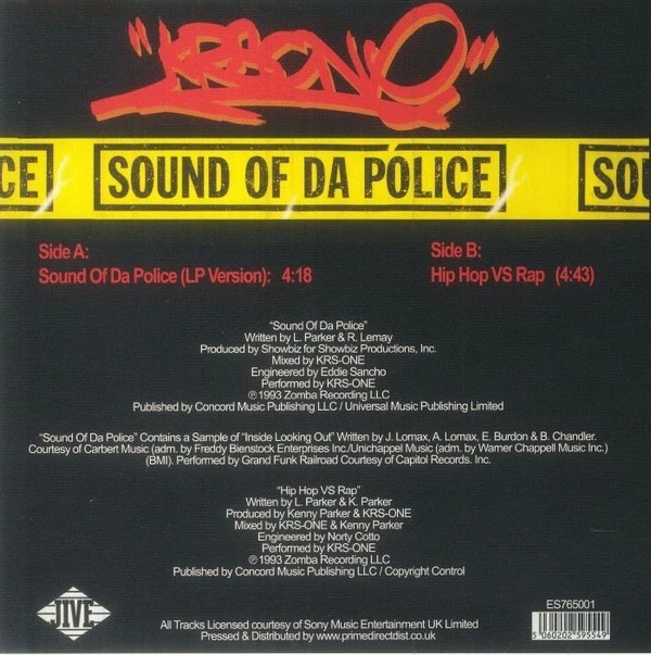 KRS ONE " SOUND OF DA POLICE " / " HIP HOP VS RAP " UK 7 YELLOW VINYL B.D.P. - Image 2 of 2