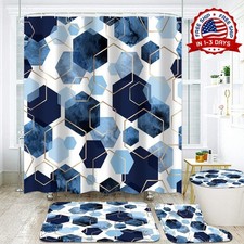 Juego de 4 piezas de cortina de ducha geom trica azul para ba o con 12 ganchos.