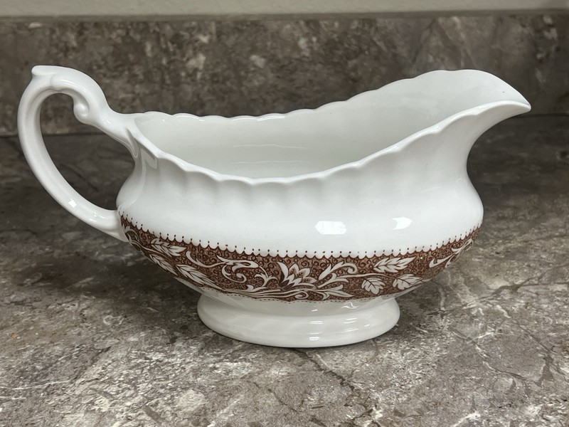 Vintage J & G Meakin Classic White Lucerne Brown Floral Ironstone Gravy Boat