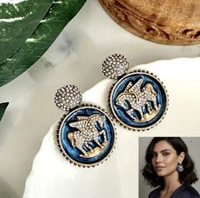 Pegasus Horse Vintage Style Earrings Blue Enamel Rhinestone Baroque Palace NEW