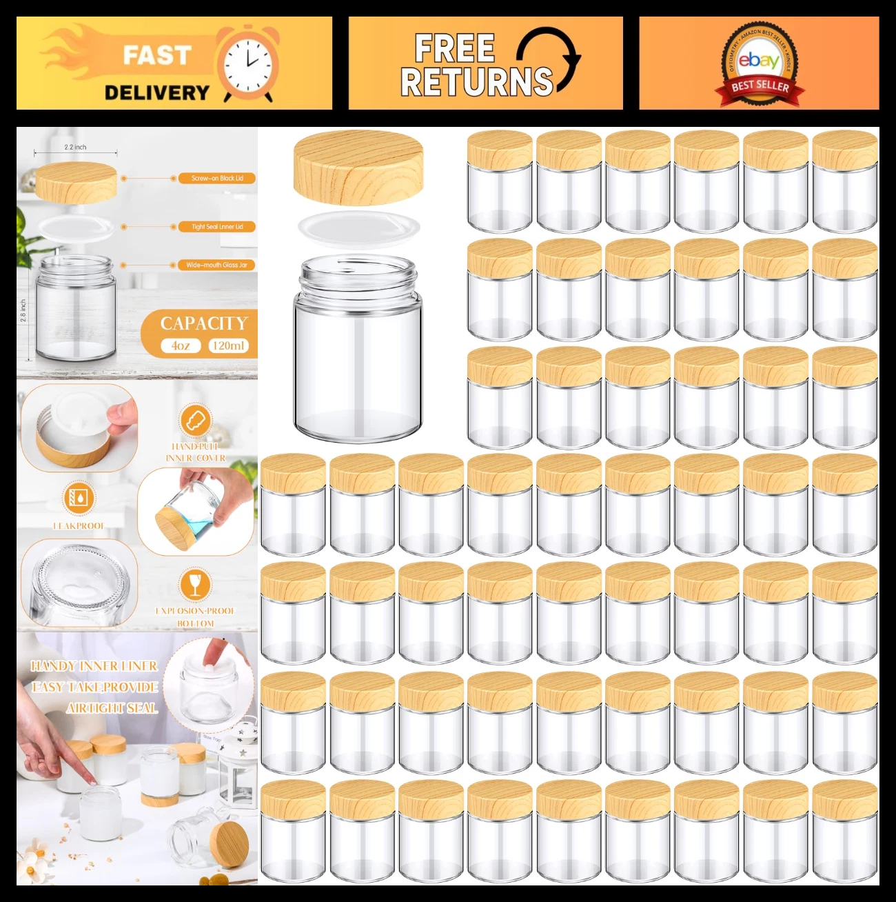 48 Pcs 4 oz Glass Jars with Lids - Airtight Small Containers for Travel, Reusabl
