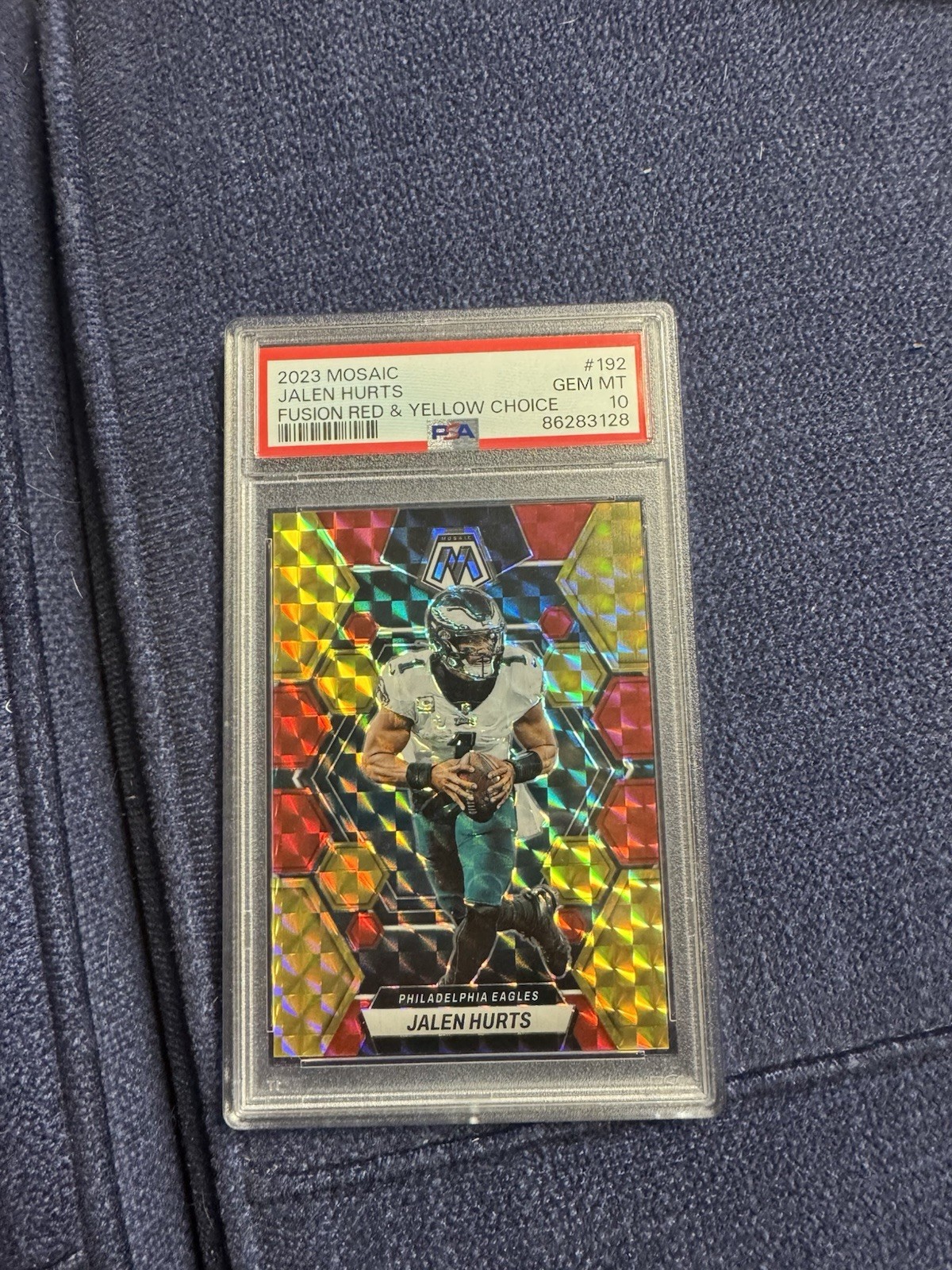 2023 Panini Mosaic -Jalen Hurts #192 Choice Fusion Red & Yellow Mosaic Prizm /80