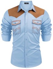 Men's Retro Western Embroidered Long Sleeve Cowboy Shirt  blue, l 